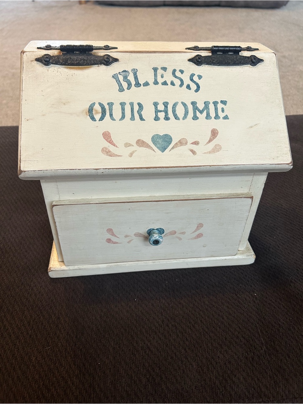 Bless Our Home Wooden Decorative Box - Cream with Blue & Pink Accents